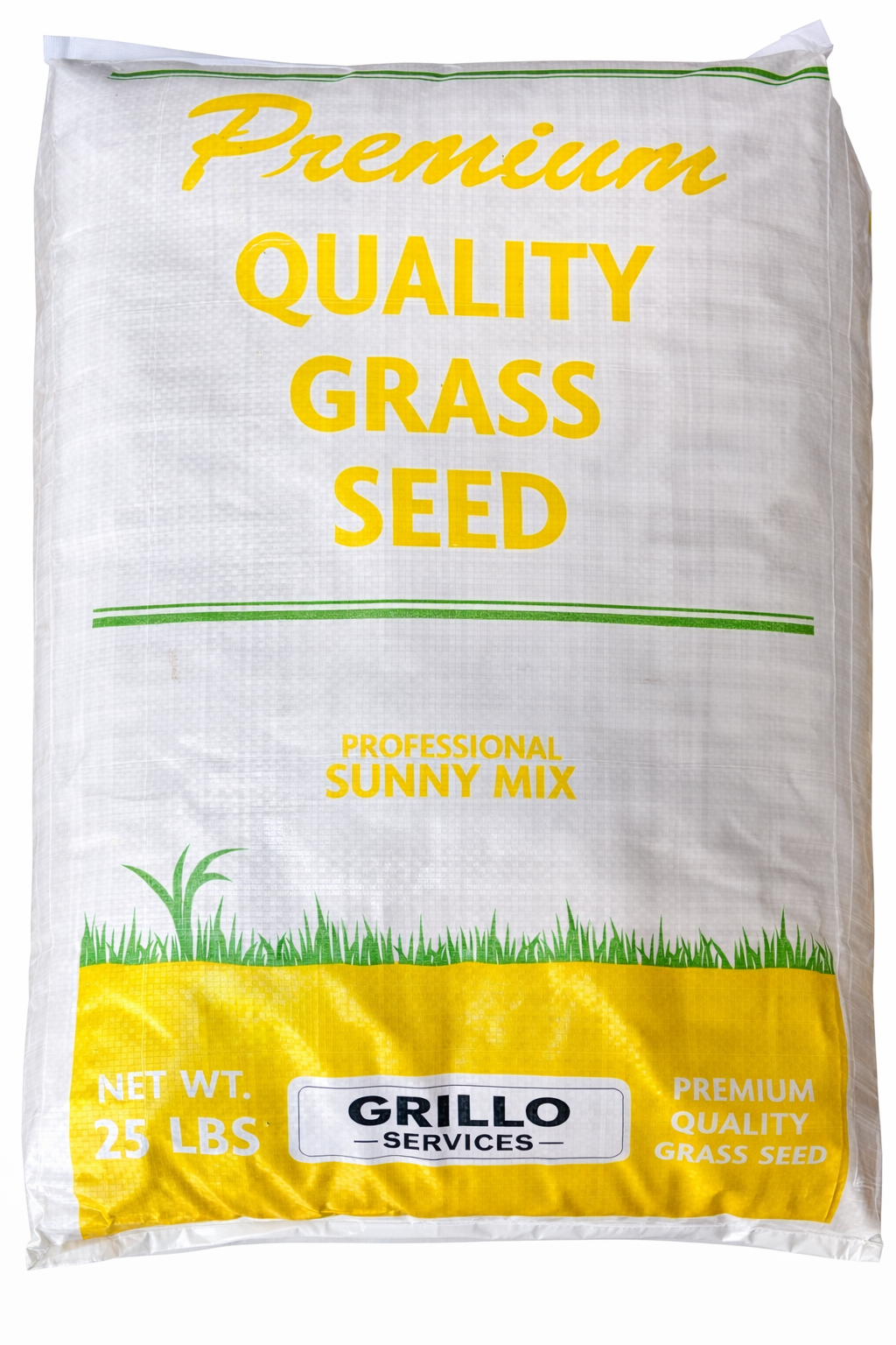 Grillo Services Premium Quality Grass Seed Professional Sunny Mix in a 25 lb white bag with yellow lettering, green grass graphic, and branded logo on a clean white background.