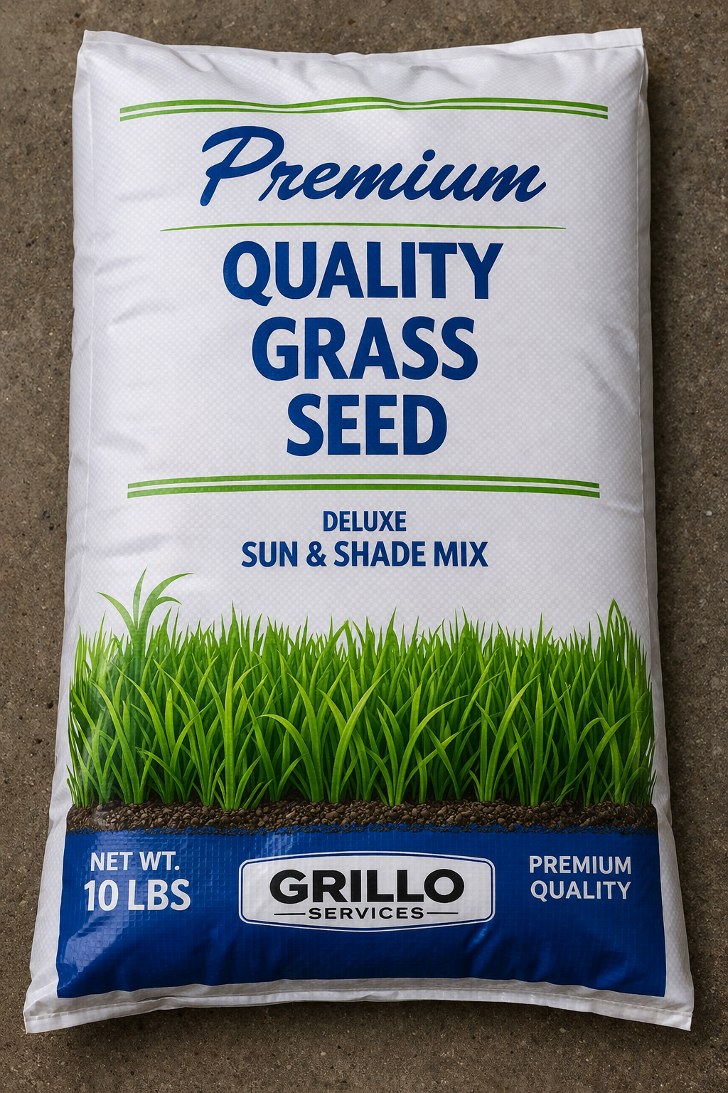 Premium Quality Grass Seed 10 lb bag by Grillo Services, Deluxe Sun & Shade Mix, shown upright on a concrete floor with white packaging, blue lettering, green grass graphic, and blue bottom panel.