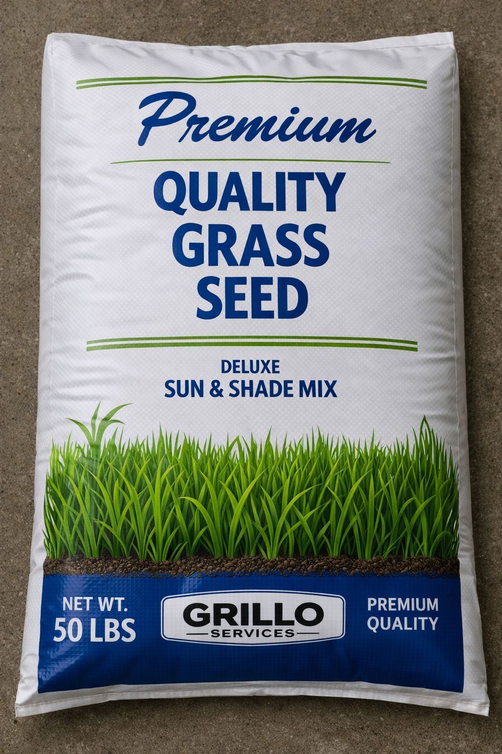 Grillo Services Premium Quality Grass Seed deluxe sun and shade mix in a 50 lb white bag with blue lettering and green grass graphic, photographed on a concrete floor.