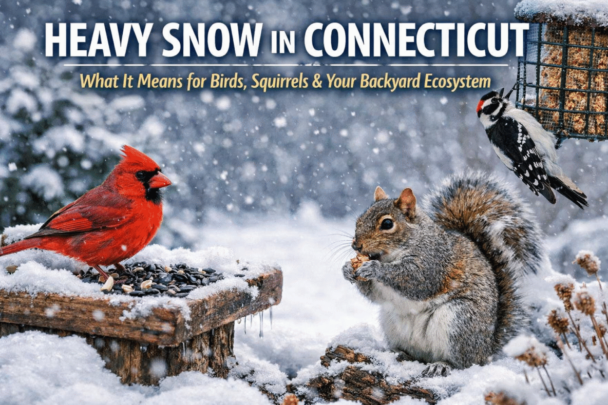 Heavy snow in Connecticut backyard with a cardinal, squirrel, and woodpecker near a bird feeder and seeds.